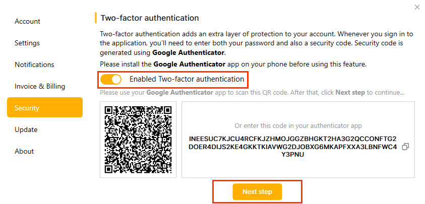 Enable two factor authentication - Chip Render 1